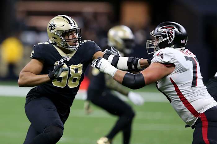New Orleans Saints defensive end Payton Turner (98) rushes against Atlanta Falcons tackle Jake Matthews (70). Mandatory Credit: Chuck Cook-USA TODAY Sports